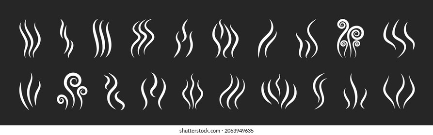 Smoke icons. Logo of steam, smell and aroma from grill and cooking. Vapor symbol from heat in line style. Odor from perfume. Graphic shapes of gas, flame, fume and water. Design illustration. Vector.