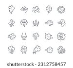 Smoke icons outline set. Cigarettes and nicotine, bad habits. Bad smell and clouds of smoke. Toxic steam, nose with bad air, sense of smell. Flat vector collection isolated on white background