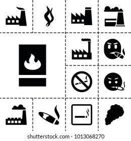 Smoke icons. set of 13 editable filled smoke icons such as smoking area, factory, smoking emot, fire protection, smoke, cigarette