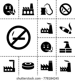 Smoke icons. set of 13 editable filled smoke icons such as factory, smoking emot, no smoking, smoke bomb, smoking can