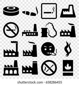 Smoke Icons Set. Set Of 16 Smoke Filled Icons Such As Smoking Area, No Smoking, Factory, Cigarette