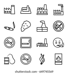 Smoke icons set. set of 16 smoke outline icons such as smoking area, no smoking, factory, cigarette, fire protection