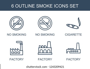 smoke icons. Set of 6 outline smoke icons included no smoking, cigarette, factory on . Editable smoke icons for web, mobile and infographics.