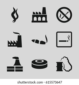 Smoke icons set. set of 9 smoke filled icons such as smoking area, factory, cigarette, no smoking
