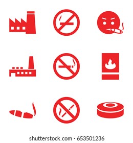 Smoke icons set. set of 9 smoke filled icons such as no smoking, factory, cigarette, smoking emot, fire protection
