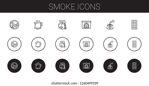 smoke icons set. Collection of smoke with no smoking, coffee cup, global warming, chimney, pollution. Editable and scalable smoke icons.