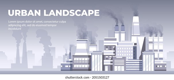 Smoke from industrial chimneys in the air. Factory. City background. Simple modern cityscape design. Factories, air pollution, environment, pipes with steam. Flat style vector eps10 illustration.