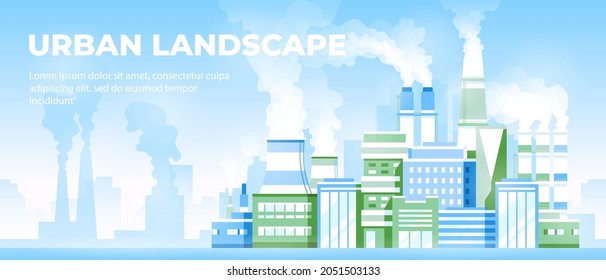 Smoke from industrial chimneys in the air. Factory. City background. Simple modern cityscape design. Factories, air pollution, environment, pipes with steam. Flat style vector eps10 illustration.