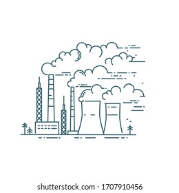 Smoke from industry smokestacks. Dangerous city air pollution vector linear illustration. Climate change. Environmental protection, ecology. 