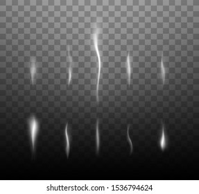 Smoke isolated on transparent background.  White steam from a cup of coffee or tea. Vector cigarettes smoke set. Realistic smoke. Cigarette smoke waves. Isolated steam.