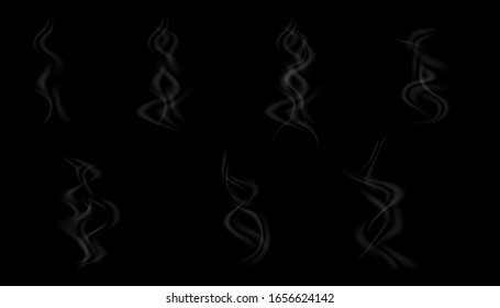 Smoke Isolated. White Clouds Hot Food Tea Coffee Smoke Texture On Black Background Vector Set