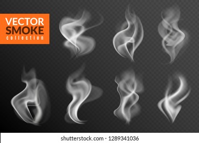 Smoke Isolated. White Smoking Clouds Hot Food Steam Hookah Tea Coffee Smoke Steaming Texture On Black Background Vector Set