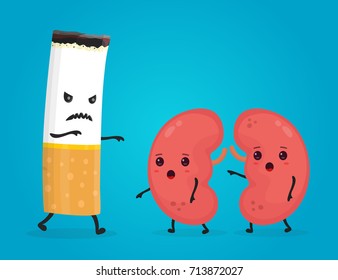 Smoke kill kidneys. Stop drink concept. Angry scary cigarette kill kidneys. Vector flat cartoon character illustration. Isolated on white background