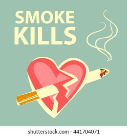 Smoke kills poster. Smoking harm concept. Cigarette pierces heart. Retro cartoon style. White contours. Vector illustration.