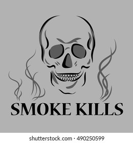 Smoke kills poster - smoking harm concept. Skull with lettering and fume, vector illustration.
