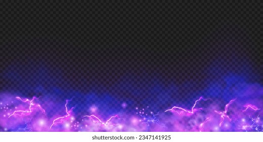 Smoke with lightning or electric discharge on bottom, realistic illustration. Neon effect, glowing lights and illumination with sparks and ignition. Laser and fog or mystical smoke