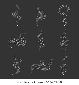 Smoke lines on a dark background vector set. Icons vapor, odor or flavor isolated from the background. Abstract smooth flow of smoke.