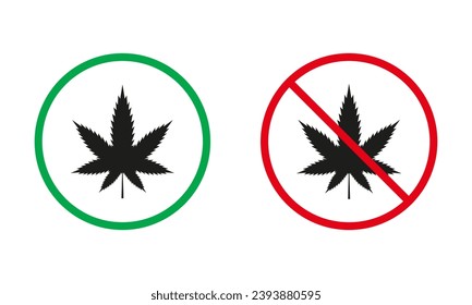 Smoke Marijuana Red and Green Warning Signs. Cannabis Silhouette Icons Set. Smoking Weed And Hemp Allowed and Prohibited Symbol. Isolated Vector Illustration.