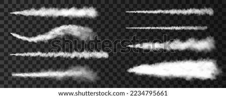 Smoke from military rocket launch. Plane track or missile trail  isolated on transparent background.  Realistic war vector texture.