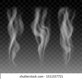 Smoke objects collection. Vector candles smokes or food and coffees steam isolated on transparent background, vector cigarette smoking abstract templates