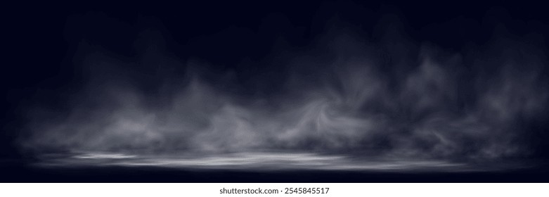 Smoke on dark atmospheric background with low fog drifting across ground; soft gradients create moody, mysterious effect. Ideal for overlays or dramatic scenes.