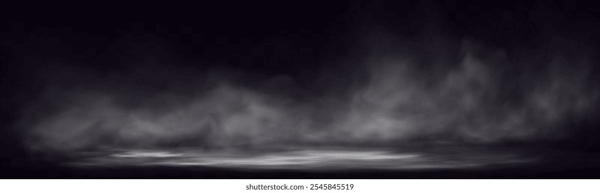 Smoke on dark atmospheric background with low fog drifting across ground; soft gradients create moody, mysterious effect. Ideal for overlays or dramatic scenes.