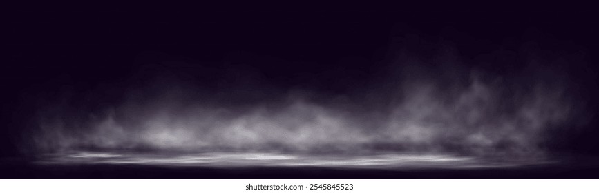 Smoke sobre fondo atmosférico oscuro con niebla baja a la deriva a través del suelo; Gradientes suaves crean un efecto malhumorado y misterioso. Ideal para superposiciones o escenas dramáticas.