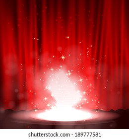 Smoke on the stage with red background. Vector illustration