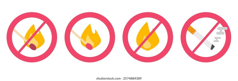 Smoke open fire flame forbidden sign icon vector graphic illustration set flat cartoon, red hazard caution symbol for prohibited cigarette and match stick, safety security warning image clip art
