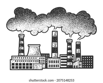 smoke over factories sketch engraving vector illustration. T-shirt apparel print design. Scratch board imitation. Black and white hand drawn image.
