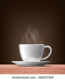  smoke over warm cup of coffee on wood table 