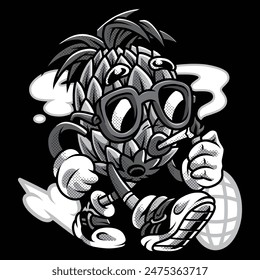 Smoke Pineapple Retro Cartoon in Black and White Illustration