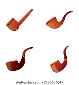 Smoke pipe icons set cartoon vector. Classic vintage wooden smoking pipe. Smoking tobacco accessory