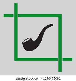 Smoke pipe sign. Black icon inside green crop tool at light gray background