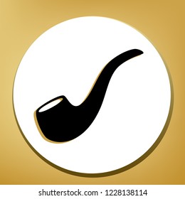 Smoke pipe sign. Vector. Black icon with light brown shadow in white circle with shaped ring at golden background.