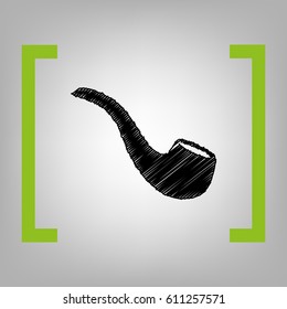 Smoke pipe sign. Vector. Black scribble icon in citron brackets on grayish background.