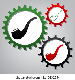 Smoke pipe sign. Vector. Three connected gears with icons at grayish background.