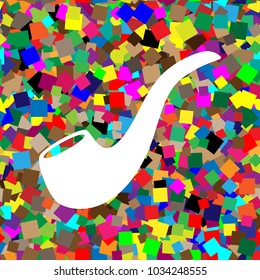 Smoke pipe sign. Vector. White icon on colorful background with seamless pattern from squares.
