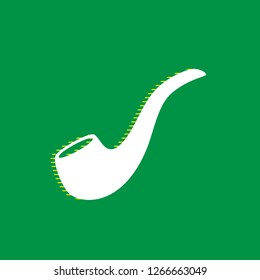 Smoke pipe sign. Vector. White flat icon with yellow striped shadow at green background.