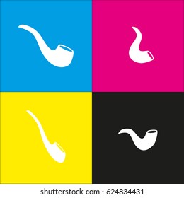 Smoke pipe sign. Vector. White icon with isometric projections on cyan, magenta, yellow and black backgrounds.