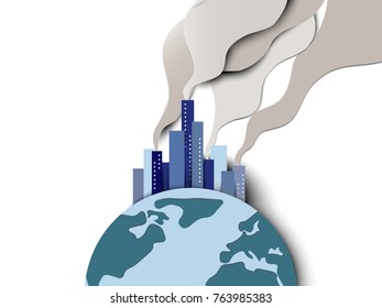 Smoke pollution from city on globe, global warming idea and concept, paper art/paper cutting style