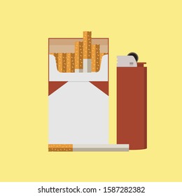 Smoke problem. Nicotine addiction. Unhealthy lifestyle concept. Vector illustration of opened pack of cigarettes and lighter flat icon for your design