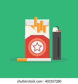 Smoke problem. Nicotine addiction. Unhealthy lifestyle concept. Vector illustration of opened pack of cigarettes and lighter flat icon for your design
