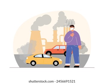 The smoke produced from burning engines disrupts the health of human respiratory organs, vector illustration pollution.