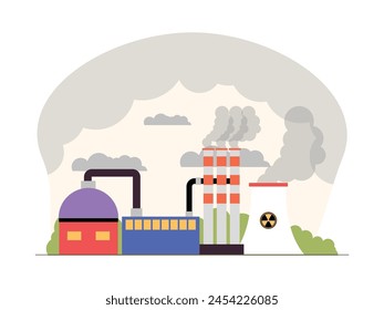 The smoke produced by the manufacture of excess chemicals can damage the earth's ozone layer, pollution vector illustration.