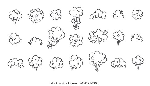 Smoke puff clouds icons set. Silhouettes of gas and steam explosion with speed trails, dust and fumes bubbles of round frame. Smoke in air collection of icons of doodle style vector illustration