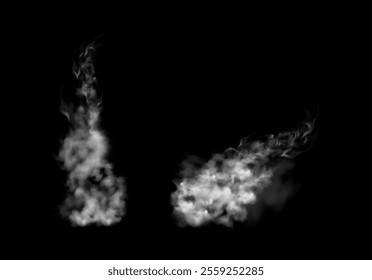 Smoke puff, vapor trail. Vector isolated set of steam flow. Mist, cloud of cigarette, food or transport vehicles. Water condensation, hot springs, industrial fume processes, product of combustion