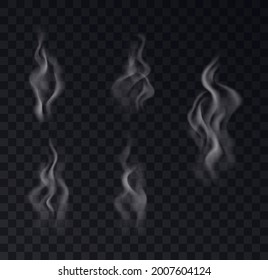 Smoke realistic collection on transparent background. Set of white vapor steam, waves from coffee, tea, cigarettes, hot food. 3d fog and mist effect. Vector illustration