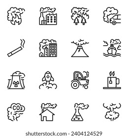 smoke related vector line icons set. pollution, gas, steam, burn, flame, lined, heat, smoke, factory, fog, outline, fire, graphic, burning, smog, cigarette, isolated, shape, hot, emission