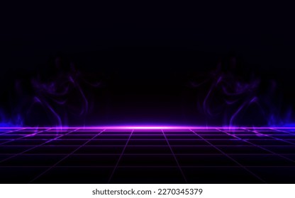 Smoke retro wave cyber background with copy space, laser grid, dark background, blue and purple glows with smoke and particles. Design for poster, cover, wallpaper, web, banner, etc.